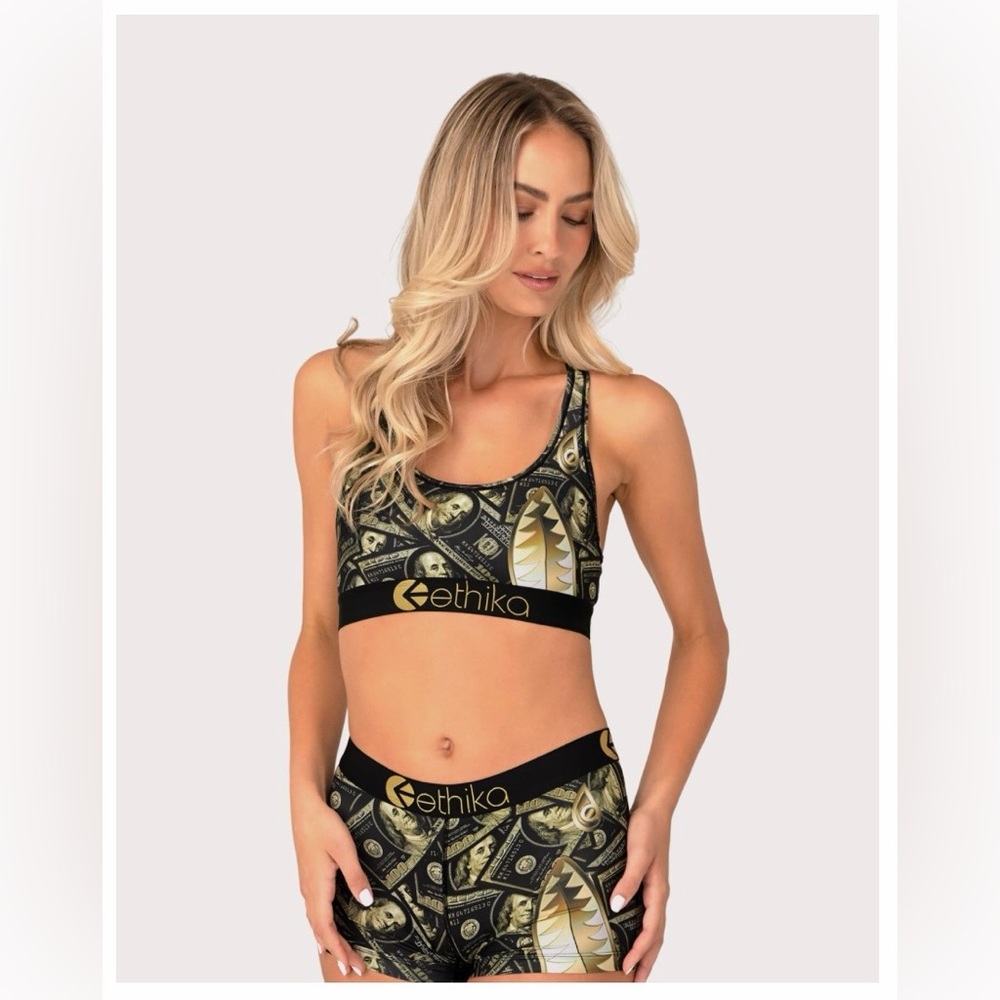 Ethika Women’s Medium Gold Barz Money Print Sports Bra NWT